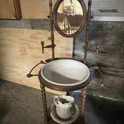 Vintage Victorian Walnut Wood Wash Basin Stand with Mirror