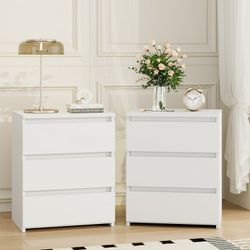 White Nightstand with 3 Drawers Set of 2, Sofa Table for Living Room, Modern Wooden Storage Cabinet for Bedroom