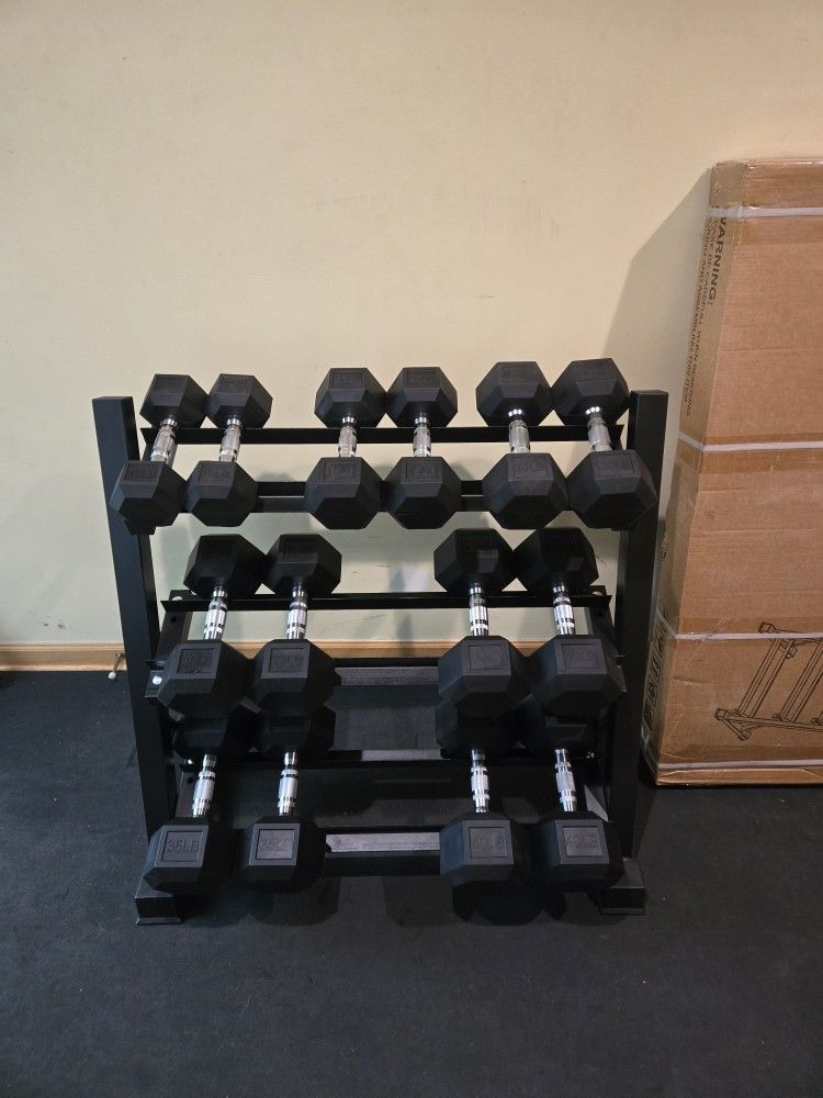 Brand New 10lb Thru 40lb Rubber Hex Dumbbell Set With Rack