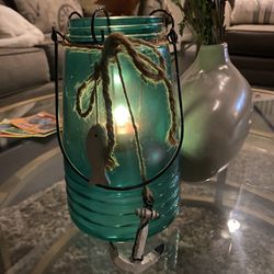 Large 8.0" Green Glass Monarch Jar candle holder Hanging/Sea Theme