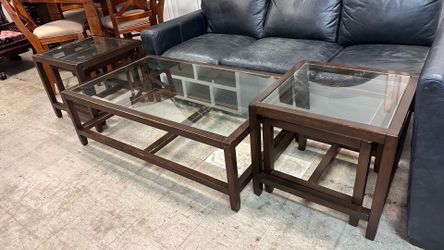Dark Brown Wood & Glass Coffee Table + 4 End Tables