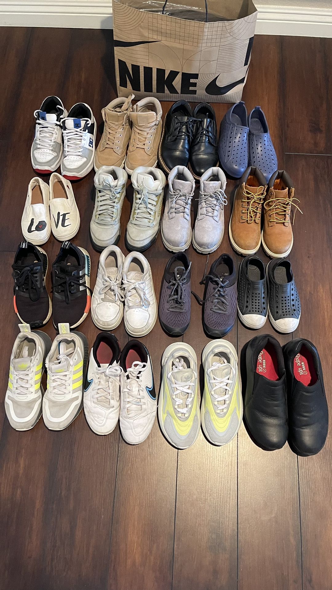 Kids Shoes up left to Right DC size 4y $10 Boots light brown size 4Y $15 Black dress shoes size 4Y $15 Robber water shoes 2.5y $5 White Tom’s Gir