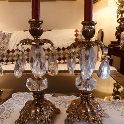 MCM Hollywood Regency Heavy Brass And Crystal Candleholders 