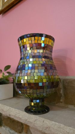 Large Mosaic Glass Vase Hurricane Candle Holder — Iridescent Gold Green Purple