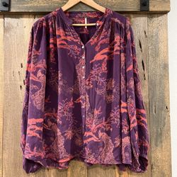 Free People Sz XS Purple Pink Oversized Peacock Print Metallic Blooms Boho Shirt
