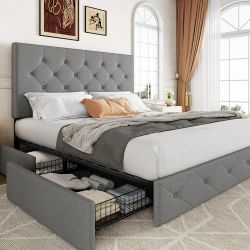 Upholstered Queen Size Platform Bed Frame with 4 Storage Drawers and Headboard, Diamond Stitched Button Tufted Mattress Foundation with Wooden Slats S