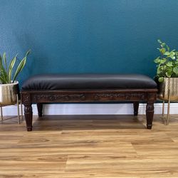 Newly Restored Carved Wood Bench – Black Upholstery Entryway | Piano | Accent Seating
