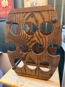 Vintage Mid Century Solid Wood Wine Barrel Shaped 10 Bottle Wine Rack