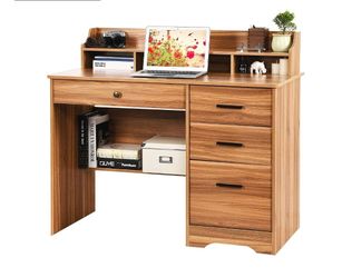 Computer Desk with 4 Drawers and Hutch, Home Office Desk with File Drawer, 44” Rustic Oak Wood Desk, Study Table for Bedroom, Rustic Oak
