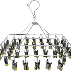 Stainless Steel Laundry Drying Rack - 40 Clips, Swivel Hook, Wind-Proof Design