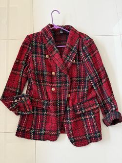 Red Plaid Tweed Blazer Jacket