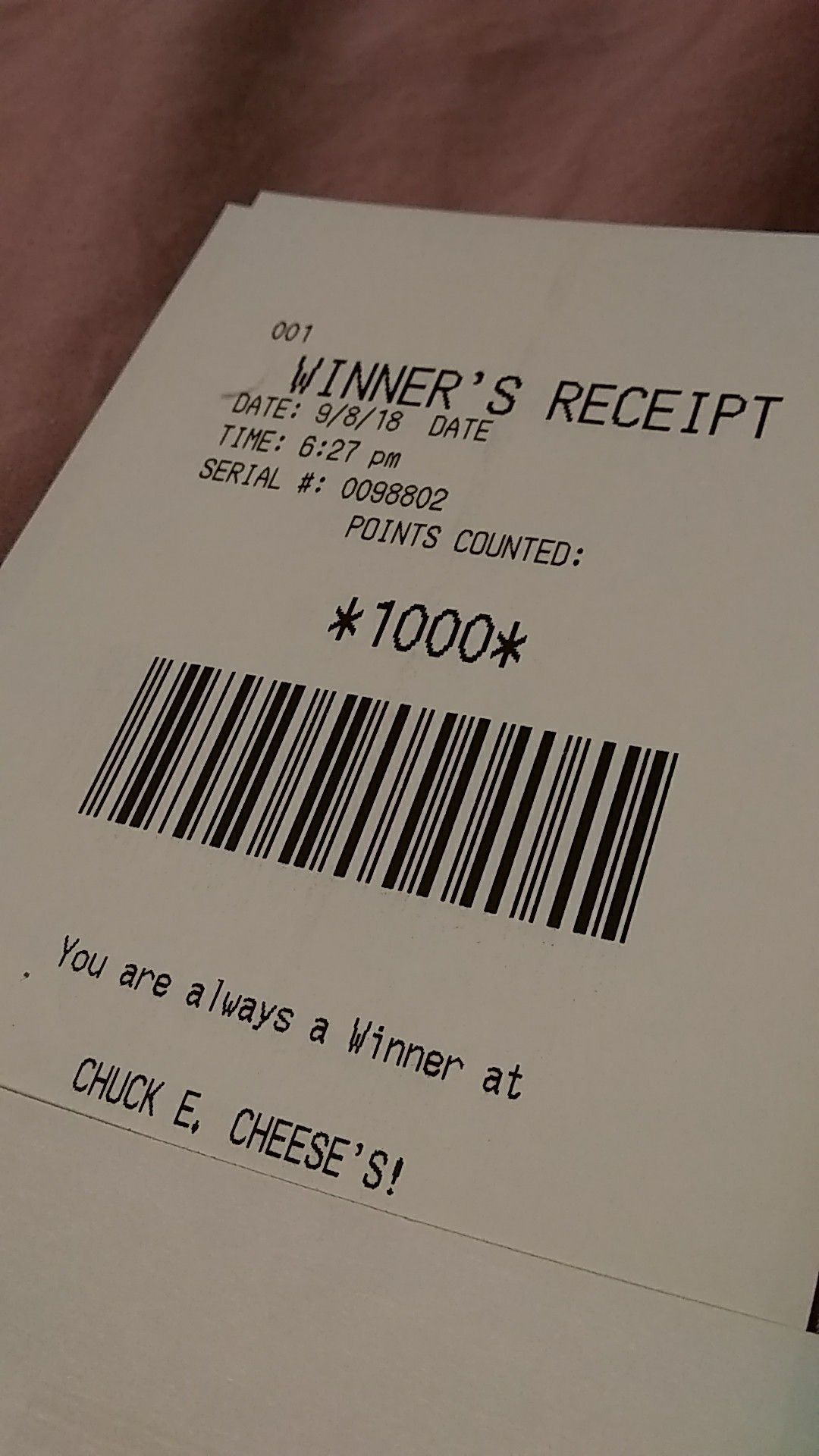 1000 chuck e cheese's tickets winner receipt