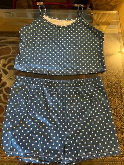Cute New Blue & White Polka Dot 2 Piece PJ Pajama Set -Large
