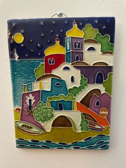 Vintage-creazioni Luciano-Italy-glazed-hand patio-ceramic wall art-Santorini at night