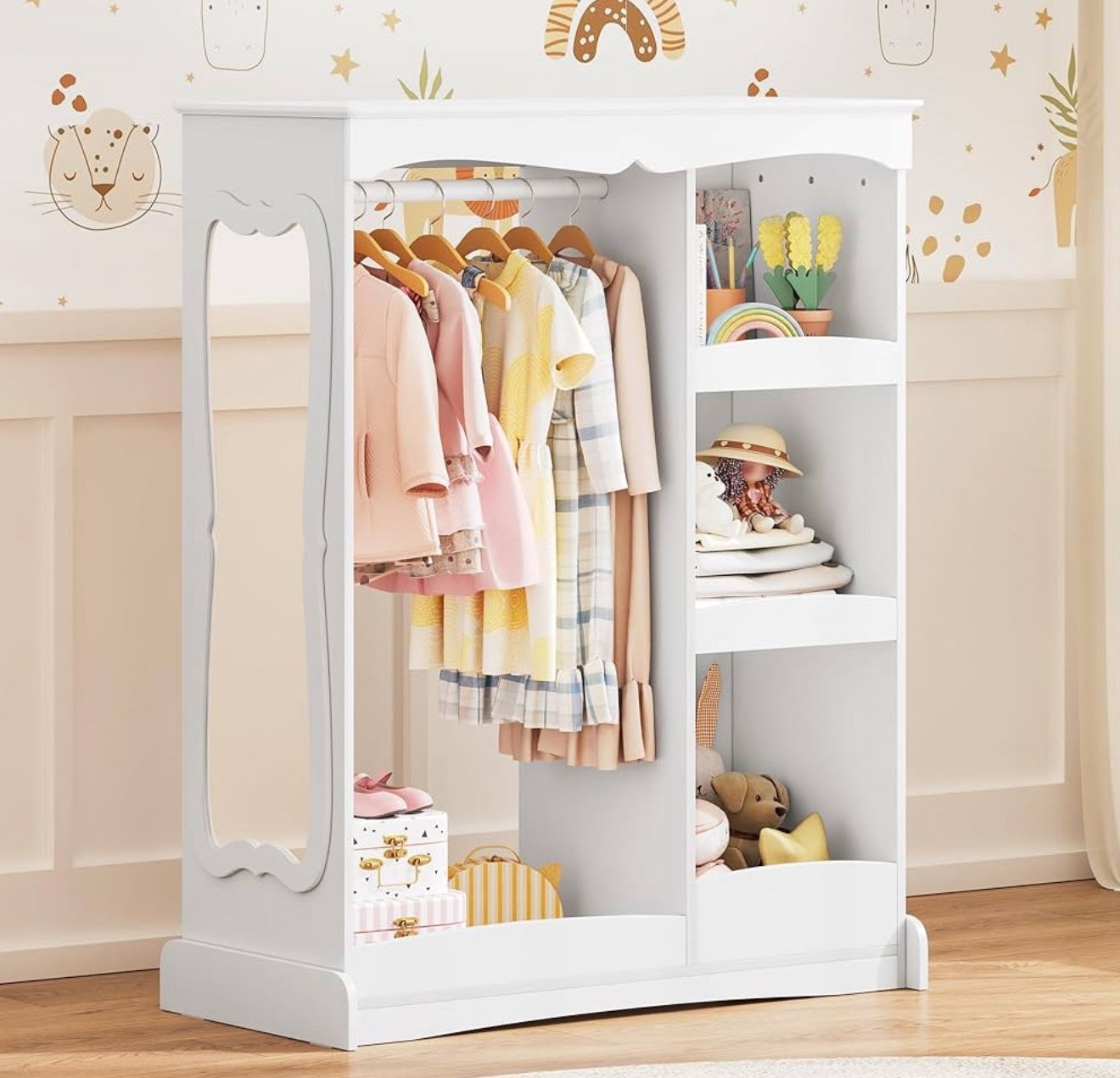 Curipeer Kids Dress Up Storage with Flower Mirror, Open Hanging Closet Wardrobe for Children, Kids Armoire & Costume Organizer for Bedroom Playroom Pr