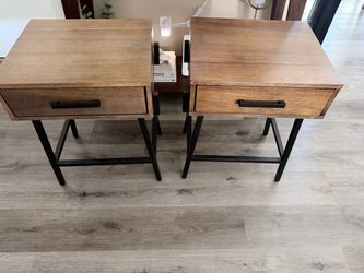 2-Piece Wood & Black Metal Side Tables