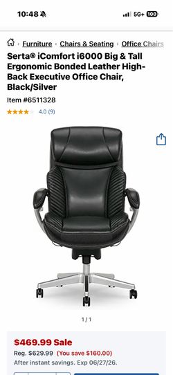 Serta® iComfort i6000 Big & Tall Ergonomic Bonded Leather High-Back Executive Office Chair, Black/Silver