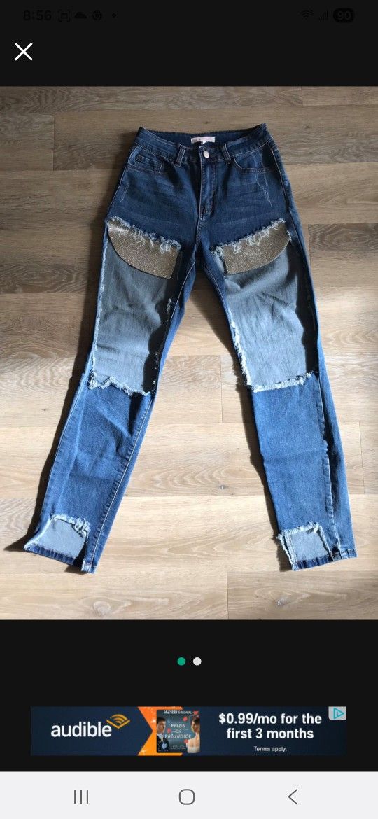 NEW Women Stylish Shinning Silver Rhinestone Detail Decorated Denim Blue Jeans