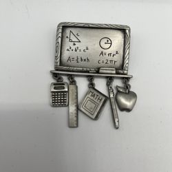 Vintage Pewter Brooch Chalk Board Math Teacher With Charms 