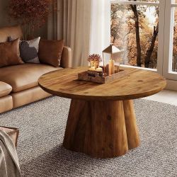 31.5-Inch Farmhouse Round Center Table With Sturdy Base, Solid Wood Round Coffee Table, Brown