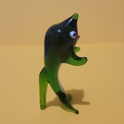 Vintage Green & White Glass Dolphin Miniature Figurine.