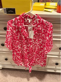 Tamara H. Women's Pink/White Abstract V-Neck Button Tie Short Sleeve Blouse L