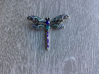 Beautiful Silvery Dragonfly Brooch W/ Sparkling Blue And Turquoise Rhinestones