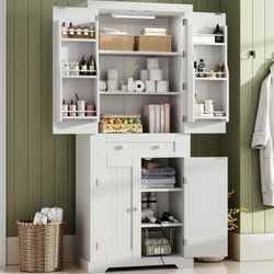 Bestier Pantry Cabinet, 72" Tall Kitchen Cabinet with Doors, 2 Adjustable Shelves & 1 Drawer, Kitchen Storage Cabinets with Motion Sensor Light, Frees