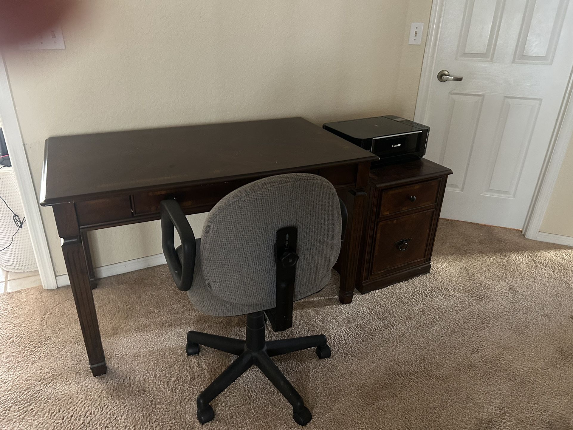 Small Desk, Printer, Chair, And A Two Drawer Wooden File cabinet