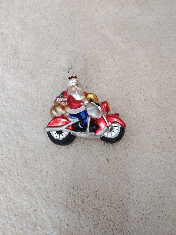 Motorcycle Santa Glass Christmas Ornament
