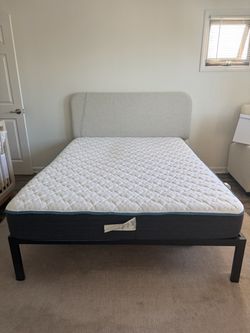 Queen Bed Bundle – Mattress, Frame, Bouclé Headboard + Bedding – Pickup 08/31