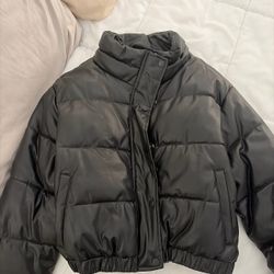 Black Faux Leather Puffer Jacket