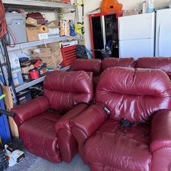 Red/Burgundy leather sofa recliner, rocker recliner and a chair lift recliner.