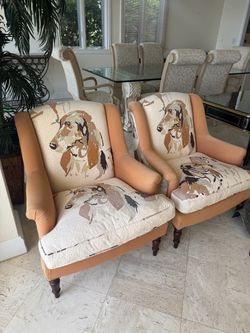 Pair of Wingback Chairs with Dog Print Upholstery