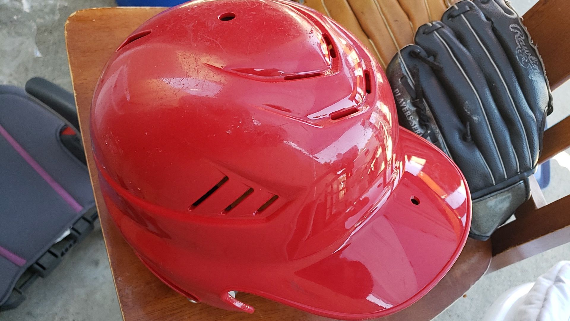 Baseball helmet and gloves