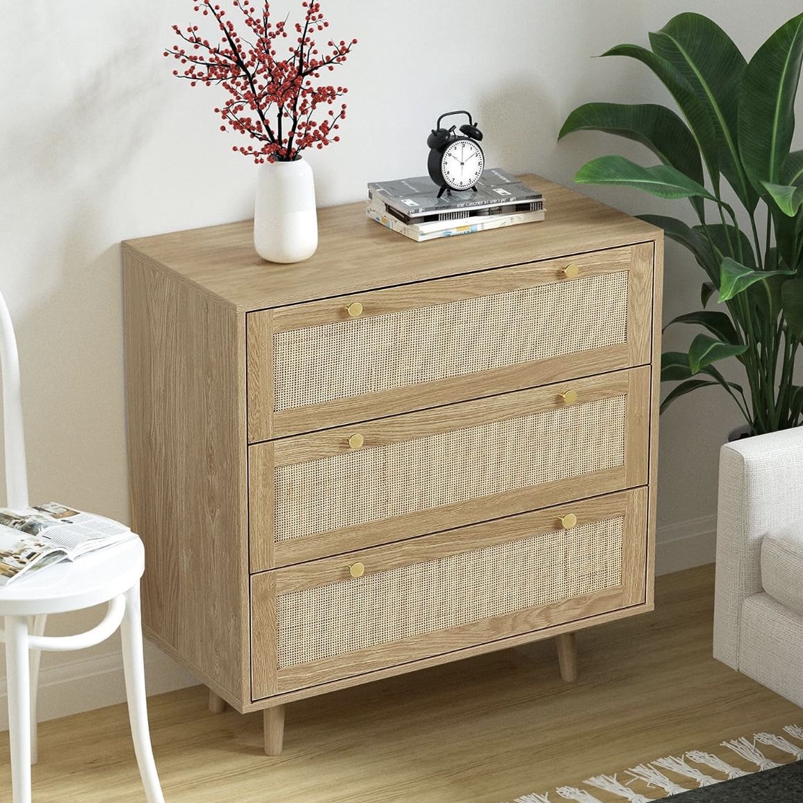 29-94 Anmytek 3 Drawer Dresser for Bedroom, Rattan Dresser Modern Wood Chest of Drawers with Spacious Storage