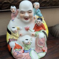 Happy Buddha With 5 Children Vintage Chinese Famille Rose Porcelain