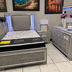 4pc Queen Bedroom Set 🩶 Grey Color 🩶 LED Light 💡 