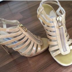 Jimmy Choo Heels Nude "Glenys" Gladiator Caged Sandals Size 38.5