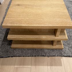 Crate & Barrel Stria Oversized Natural Oak Wood Square End Table with Tiered Shelves