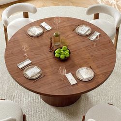 47 inch Round Dining Table for 4, Circle Kitchen Table with Wood Strip Base, Modern Farmhouse Dinner Tables for Kitchen, Living Room (Walnu