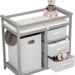 33.46" L x 18.11" W x 31.12" H Wood Baby Changing Table - Infant Diaper Changing Station and Dresser, Nursery Organizer with Pad, Laundry Hamper and 3