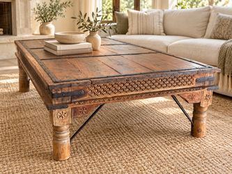 Carved Wood & Iron Coffee Table