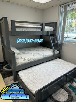 Twin full grey bunk bed with mattresses colchones
