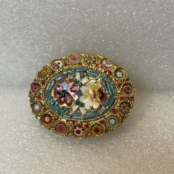 Enamel Mosaic Floral Italy Brooch In Gold Tone