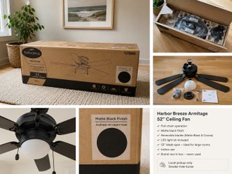 Upgrade your space with this brand-new Harbor Breeze Armitage 52” ceiling fan in a sleek matte black finish. Perfect for bedrooms, living rooms, offic