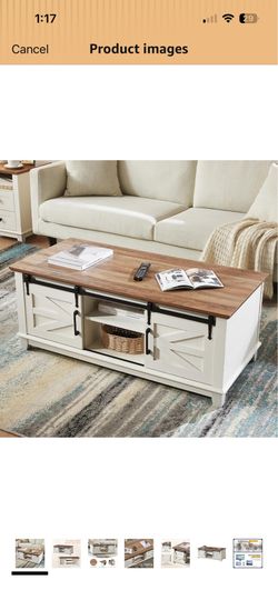 Farmhouse Coffee Table with Sliding Barn Doors & Storage Cabinet for Living Room, 48" Modern Center Table, Adjustable Shelves, Rustic White