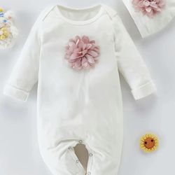 Christmas Baby Girl Sweet Flower 3D Design Long Sleeve Jumpsuit & Hat+ Pink Socks