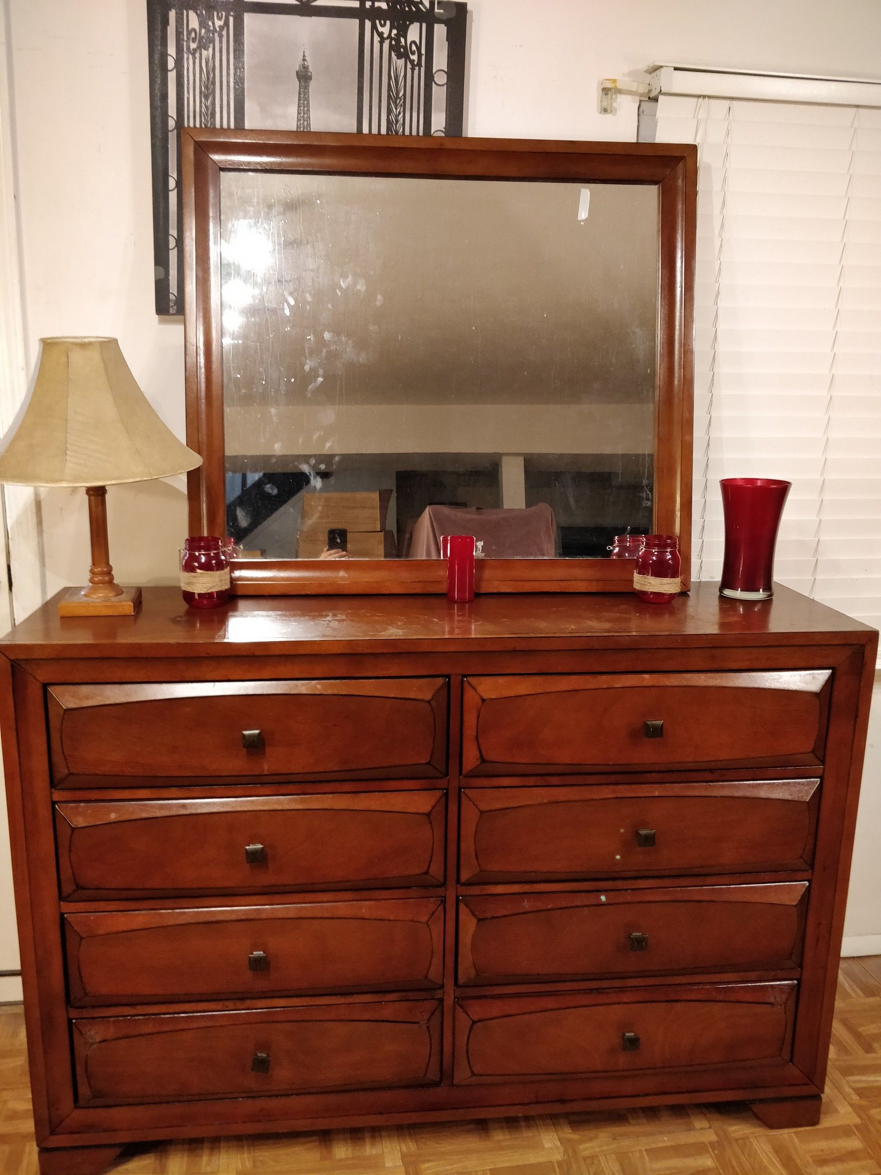 Big dresser/TV stand with mirror and 8 drawers, all drawers sliding smoothly, pet free smoke free, few scratches, check the pictures L58"*W17"*H40"