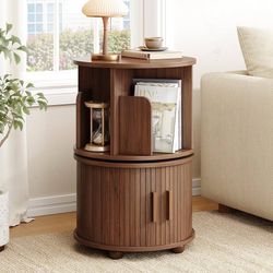 Round Fluted End Table with Storage, 360° Rotating Side Tables Wood Mid Century Modern Nightstand with Sliding Door & Bookshelf, Small Accent Table fo